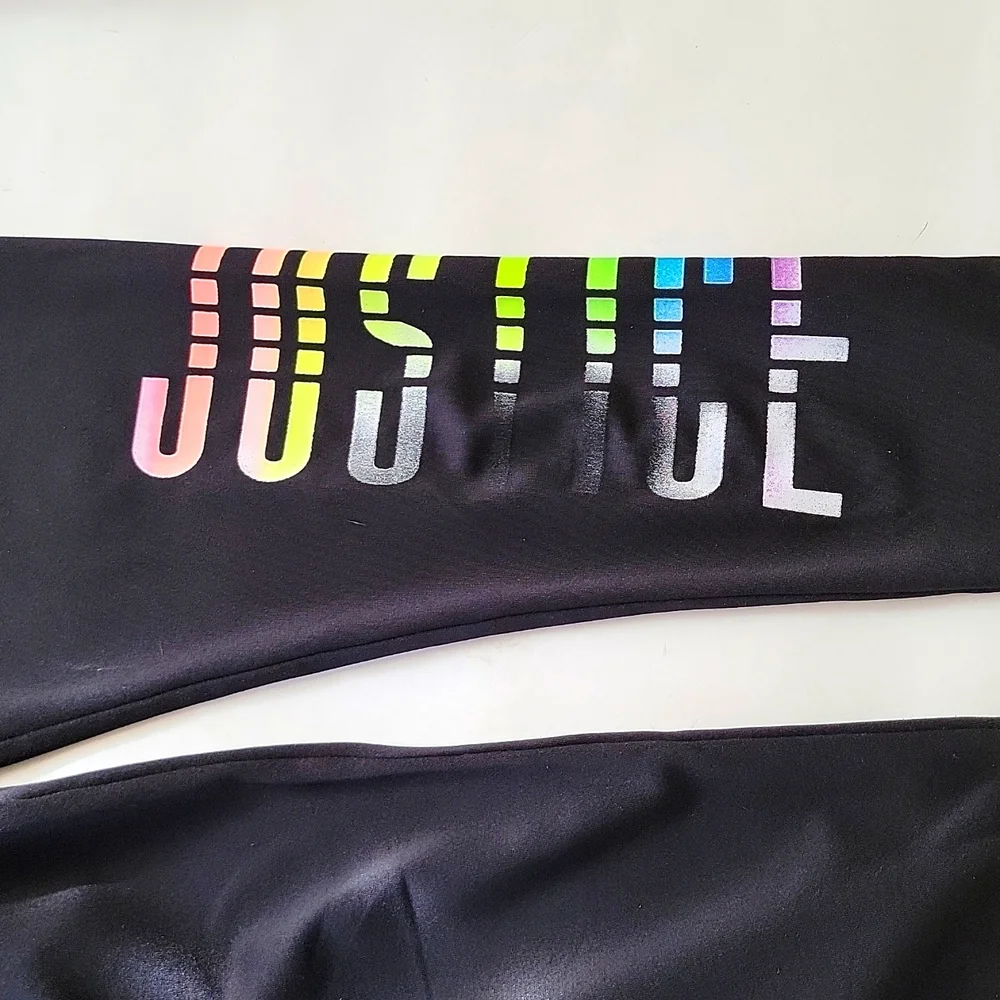 Justice Girls Leggings Black Rainbow Glitter Logo Graphic Playful Size 6